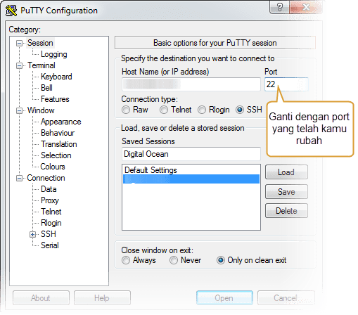 Login VSP melalui Putty dengan port baru